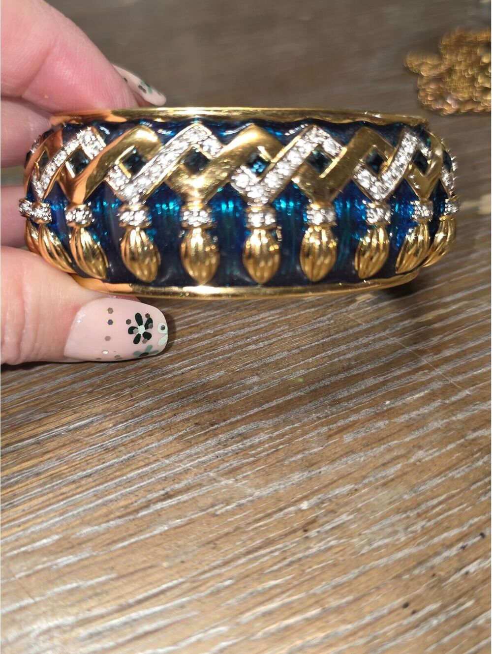RARE Swarovski Green Enamel Guilloche & Crystal Bangle Hinged Bracelet Gold Tone